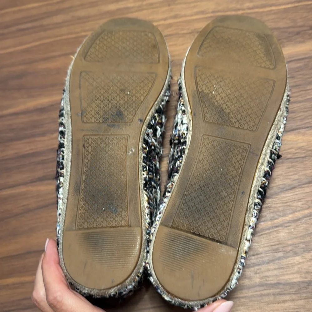 Tory Burch Black Leather Tweed Espadrille Shoes size 9.5